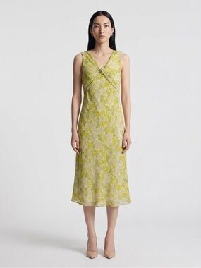 Sleeveless Twist-Front midi summer Dress in Yellow Green fits women’s xs
